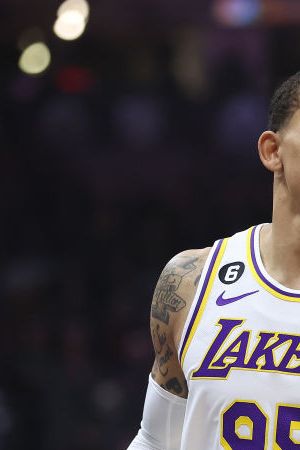 SACRAMENTO, CALIFORNIA - JANUARY 07: Juan Toscano-Anderson #95 of the Los Angeles Lakers looks on in the first quarter against the Sacramento Kings at Golden 1 Center on January 07, 2023 in Sacramento, California. NOTE TO USER: User expressly acknowledges and agrees that, by downloading and/or using this photograph, User is consenting to the terms and conditions of the Getty Images License Agreement. (Photo by Lachlan Cunningham/Getty Images)