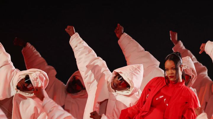 GLENDALE, ARIZONA - FEBRUARY 12: Rihanna performs onstage during the Apple Music Super Bowl LVII Halftime Show at State Farm Stadium on February 12, 2023 in Glendale, Arizona. (Photo by Ezra Shaw/Getty Images)