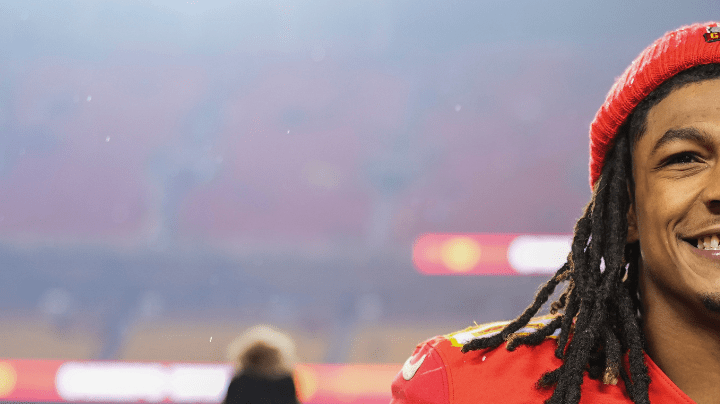 KANSAS CITY, MO - JANUARY 21: Isiah Pacheco #10 of the Kansas City Chiefs celebrates against the Jacksonville Jaguars at GEHA Field at Arrowhead Stadium on January 21, 2023 in Kansas City, Missouri. (Photo by Cooper Neill/Getty Images)