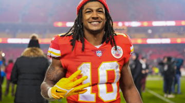 KANSAS CITY, MO - JANUARY 21: Isiah Pacheco #10 of the Kansas City Chiefs celebrates against the Jacksonville Jaguars at GEHA Field at Arrowhead Stadium on January 21, 2023 in Kansas City, Missouri. (Photo by Cooper Neill/Getty Images)