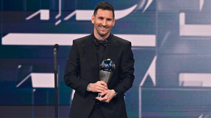 PARIS, FRANCE - FEBRUARY 27: Lionel Messi poses with the Best FIFA Men's Payer 2022 award during The Best FIFA Football Awards 2022 on February 27, 2023 in Paris, France. (Photo by Aurelien Meunier/Getty Images)