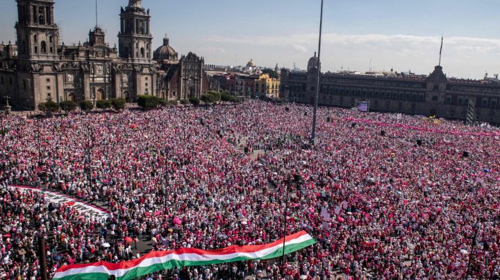 Thousands of opposition protesters gather to demonstrate against electoral reforms of the leftist ruling party involving the electoral system, at Zocalo square in Mexico City on February 26, 2023. - Opposition groups called for demonstrations in various cities in Mexico to reject a controversial electoral reform championed by President Andres Manuel Lopez Obrador that critics see as an attack on democracy ahead of key elections next year. The proposal aims to reduce the size and budget of the independent agency that organizes elections, the National Electoral Institute (INE). (Photo by Nicolas ASFOURI / AFP) (Photo by NICOLAS ASFOURI/AFP via Getty Images)
