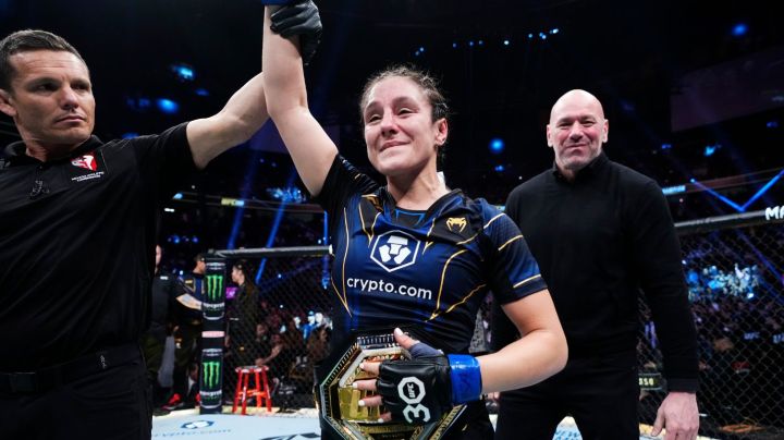 LAS VEGAS, NEVADA - MARCH 04: Alexa Grasso of Mexico reacts to her win during the UFC 285 event at T-Mobile Arena on March 04, 2023 in Las Vegas, Nevada. (Photo by Jeff Bottari/Zuffa LLC via Getty Images)