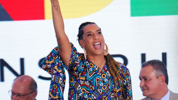 Brazilian new Minister for Racial Equality, Anielle Franco, gestures during her swearing-in ceremony at the Planalto Palace in Brasilia on January 11, 2023. (Photo by Sergio Lima / AFP) (Photo by SERGIO LIMA/AFP via Getty Images)