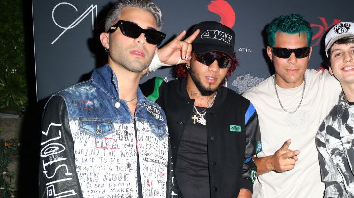 MIAMI, FL - AUGUST 25:  Erick Brian Colon, Richard Camacho, Zabdiel De Jesus and Christopher Velez of the musical group CNCO are seen at their XOXO album release party on August 25, 2022 in Miami, Florida.  (Photo by Alexander Tamargo/Getty Images)