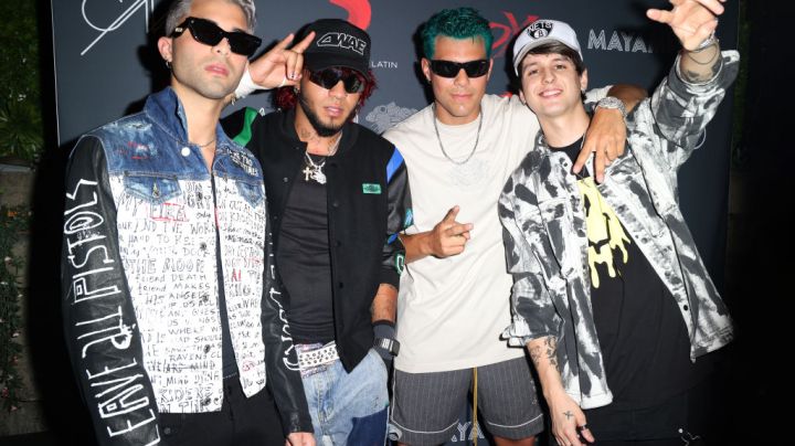 MIAMI, FL - AUGUST 25:  Erick Brian Colon, Richard Camacho, Zabdiel De Jesus and Christopher Velez of the musical group CNCO are seen at their XOXO album release party on August 25, 2022 in Miami, Florida.  (Photo by Alexander Tamargo/Getty Images)