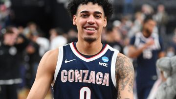 LAS VEGAS, NV - MARCH 24: Gonzaga guard Julian Strawther (0) celebrates after the NCAA Division I Men's Championship Sweet Sixteen round basketball game between the Gonzaga Bulldogs and the UCLA Bruins on March 24, 2023 at T-Mobile Arena in Las Vegas, NV. (Photo by Brian Rothmuller/Icon Sportswire via Getty Images)