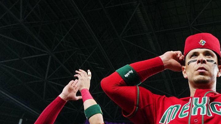PHOENIX, AZ - MARCH 17: Joey Meneses #32 of Team Mexico celebrates with teammates after Team Mexicos 5-4 win in the 2023 World Baseball Classic Quarterfinal game between Team Puerto Rico and Team Mexico at loanDepot Park on Friday, March 17, 2023 in Miami, Florida. (Photo by Daniel Shirey/WBCI/MLB Photos via Getty Images)