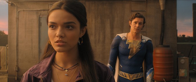Rachel Zegler and Adam Brody in Shazam! Fury of the Gods