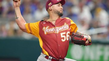 MIAMI, FLORIDA - MARCH 12: Silvino Bracho #56 of Venezuela throws a pitch during the ninth inning against Puerto Rico at loanDepot park on March 12, 2023 in Miami, Florida during the 2023 World Baseball Classic . (Photo by Eric Espada/Getty Images)