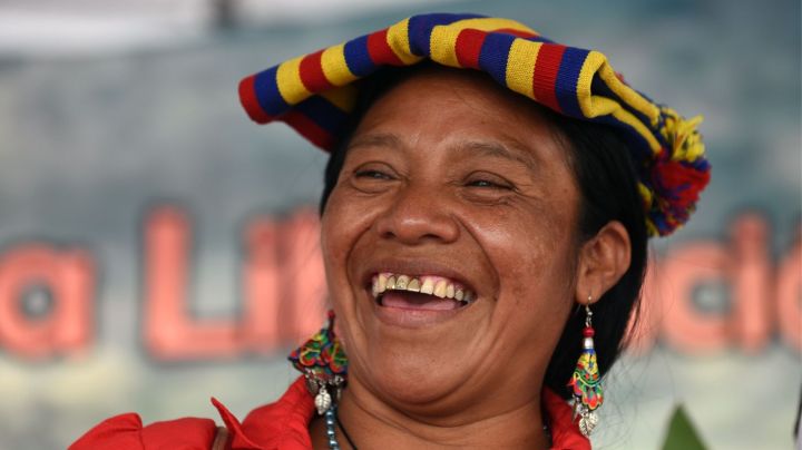 Guatemalan candidate for the Movimiento para la Liberación de los Pueblos (Movement for the Liberation of the Peoples) party Thelma Cabrera greets supporters during a campaign closing rally at Plaza de la Constitucion in Guatemala City on June 8, 2019, ahead of the upcoming general election next June 16. (Photo by Johan ORDONEZ / AFP) (Photo credit should read JOHAN ORDONEZ/AFP via Getty Images)