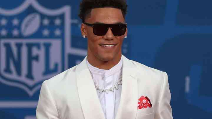 KANSAS CITY, MO - APRIL 27: Oregon cornerback Christian Gonzalez during the NFL Draft Red Carpet event on April 27, 2023 at Union Station in Kansas City, MO. (Photo by Scott Winters/Icon Sportswire via Getty Images)