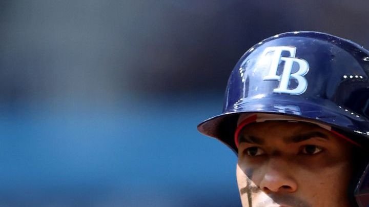 TORONTO, ON - APRIL 15: Wander Franco #5 of the Tampa Bay Rays reacts after hitting a single during a game against the Toronto Blue Jays at Rogers Centre on April 15, 2023 in Toronto, Ontario, Canada. All players are wearing the number 42 in honor of Jackie Robinson Day. (Photo by Vaughn Ridley/Getty Images)