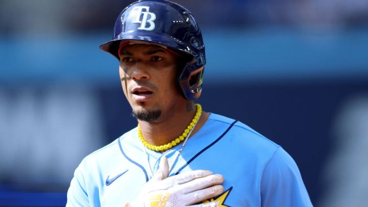 TORONTO, ON - APRIL 15: Wander Franco #5 of the Tampa Bay Rays reacts after hitting a single during a game against the Toronto Blue Jays at Rogers Centre on April 15, 2023 in Toronto, Ontario, Canada. All players are wearing the number 42 in honor of Jackie Robinson Day. (Photo by Vaughn Ridley/Getty Images)