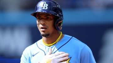 TORONTO, ON - APRIL 15: Wander Franco #5 of the Tampa Bay Rays reacts after hitting a single during a game against the Toronto Blue Jays at Rogers Centre on April 15, 2023 in Toronto, Ontario, Canada. All players are wearing the number 42 in honor of Jackie Robinson Day. (Photo by Vaughn Ridley/Getty Images)