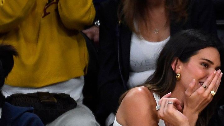 LOS ANGELES, CALIFORNIA - MAY 12: Yung Taco, Renell Medrano, Kendall Jenner and Bad Bunny attend the Western Conference Semifinal Playoff game between the Los Angeles Lakers and Golden State Warriors at Crypto.com Arena on May 12, 2023 in Los Angeles, California. (Photo by Kevork Djansezian/Getty Images)