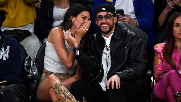 LOS ANGELES, CALIFORNIA - MAY 12: Yung Taco, Renell Medrano, Kendall Jenner and Bad Bunny attend the Western Conference Semifinal Playoff game between the Los Angeles Lakers and Golden State Warriors at Crypto.com Arena on May 12, 2023 in Los Angeles, California. (Photo by Kevork Djansezian/Getty Images)