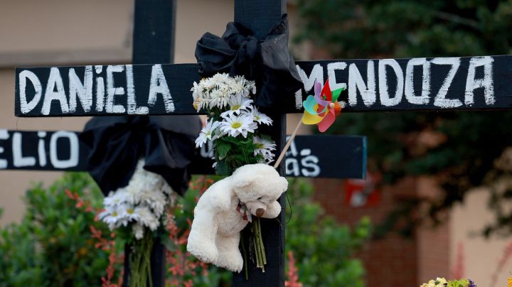 ALLEN, TEXAS - MAY 09: The names of victims are written on crosses setup in a memorial near the scene of a mass shooting at the Allen Premium Outlets mall on May 9, 2023 in Allen, Texas. Eight people were killed and seven wounded in the Saturday attack in which the gunman was killed by police, according to published reports. Three of the wounded are in critical condition, according to the reports. (Photo by Joe Raedle/Getty Images)
