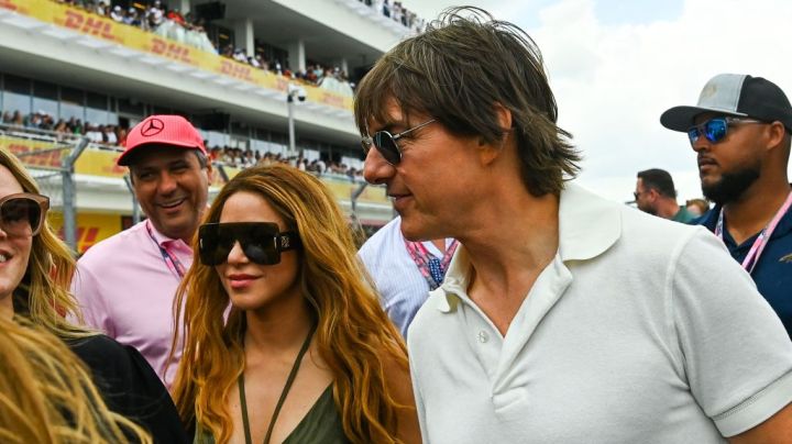 US actor Tom Cruise (R) and Colombian singer Shakira (L) attend the 2023 Miami Formula One Grand Prix at the Miami International Autodrome in Miami Gardens, Florida, on May 7, 2023. (Photo by CHANDAN KHANNA / AFP) (Photo by CHANDAN KHANNA/AFP via Getty Images)
