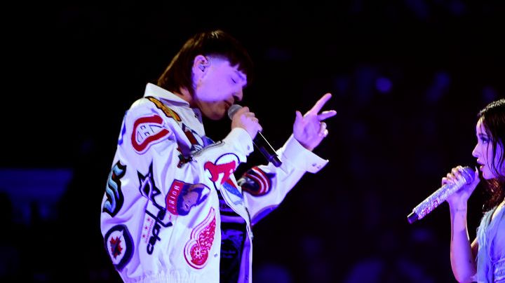 LAS VEGAS, NEVADA - APRIL 20: (L-R) Peso Pluma and Becky G perform onstage during the 2023 Latin American Music Awards at MGM Grand Garden Arena on April 20, 2023 in Las Vegas, Nevada. (Photo by Mindy Small/Getty Images)