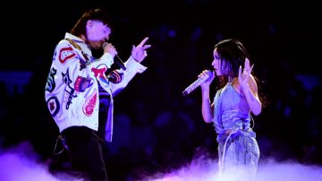 LAS VEGAS, NEVADA - APRIL 20: (L-R) Peso Pluma and Becky G perform onstage during the 2023 Latin American Music Awards at MGM Grand Garden Arena on April 20, 2023 in Las Vegas, Nevada. (Photo by Mindy Small/Getty Images)