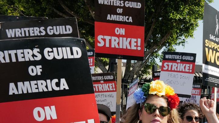 Latine writers and allies protesting in the second week of the WGA strike of 2023