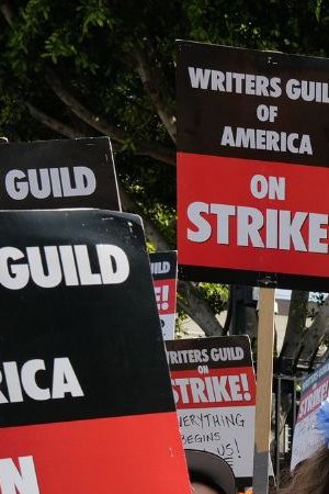 Latine writers and allies protesting in the second week of the WGA strike of 2023