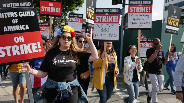 Latine writers and allies protesting in the second week of the WGA strike of 2023