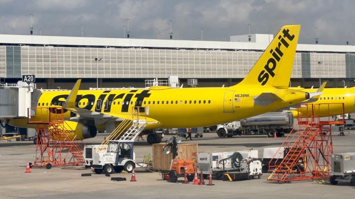 Spirit airlines planes sits at the gate at George Bush Intercontinental Airport (IAH) in Houston, Texas, on March 8, 2023. - The US Justice Department on March 7, 2023 sued to block a $3.8 billion JetBlue-Spirit airline merger, saying that the combination would harm consumers and violate antitrust law. (Photo by Daniel SLIM / AFP) (Photo by DANIEL SLIM/AFP via Getty Images)