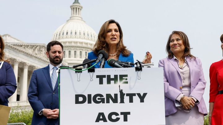 WASHINGTON, DC - MAY 23: Rep. Maria Salazar (R-FL) speaks during a press conference on immigration outside the U.S. Capitol Building on May 23, 2023 in Washington, DC. During the bipartisan news conference lawmakers introduced the “Dignity Act,” which lawmakers expect will improve the application process for U.S. citizenship as well as increase security on both the northern and southern borders. Lawmakers in attendance included Republican Delegate Jenniffer Gonzalez-Colon (R-PR), Rep Mike Lawler (R-NY), Rep. Veronica Escobar (D-TX), Rep. Kathy Manning (D-NC) and Rep. Hillary Scholten (D-MI). (Photo by Anna Moneymaker/Getty Images)