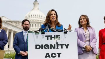 WASHINGTON, DC - MAY 23: Rep. Maria Salazar (R-FL) speaks during a press conference on immigration outside the U.S. Capitol Building on May 23, 2023 in Washington, DC. During the bipartisan news conference lawmakers introduced the “Dignity Act,” which lawmakers expect will improve the application process for U.S. citizenship as well as increase security on both the northern and southern borders. Lawmakers in attendance included Republican Delegate Jenniffer Gonzalez-Colon (R-PR), Rep Mike Lawler (R-NY), Rep. Veronica Escobar (D-TX), Rep. Kathy Manning (D-NC) and Rep. Hillary Scholten (D-MI). (Photo by Anna Moneymaker/Getty Images)