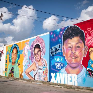 Murals honoring those who lost their lives during the Robb Elementary School shooting are pictured on the eve of the US midterm elections in Uvalde, Texas on November 7, 2022. (Photo by Mark Felix / AFP) (Photo by MARK FELIX/AFP /AFP via Getty Images)