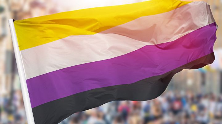 Shot of a non-binary pride flag blowing in the wind at street