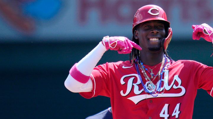 WASHINGTON, DC - JULY 04: Elly De La Cruz #44 of the Cincinnati Reds celebrates after advancing to second base on a single against the Washington Nationals during the first inning at Nationals Park on July 04, 2023 in Washington, DC. (Photo by Jess Rapfogel/Getty Images)