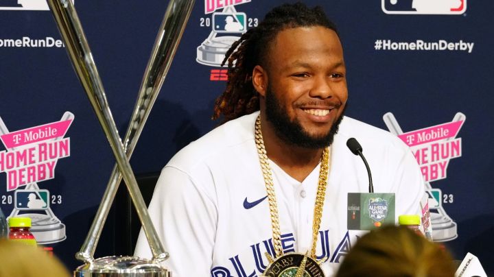 SEATTLE, WA - JULY 10: Vladimir Guerrero Jr. #27 of the Toronto Blue Jays looks on during a news conference after the T-Mobile Home Run Derby at T-Mobile Park on Monday, July 10, 2023 in Seattle, Washington. (Photo by Mary DeCicco/MLB Photos via Getty Images)