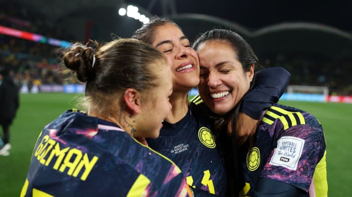 MELBOURNE, AUSTRALIA - AUGUST 08: (L-R) Ana Guzman, Catalina Usme and Diana Ospina Garcia of Colombia celebrate after the team's 1-0 victory and advance to the quarter final following the FIFA Women's World Cup Australia & New Zealand 2023 Round of 16 match between Colombia and Jamaica at Melbourne Rectangular Stadium on August 08, 2023 in Melbourne / Naarm, Australia. (Photo by Alex Pantling - FIFA/FIFA via Getty Images)