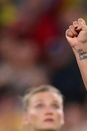 SYDNEY, AUSTRALIA - JULY 30: Catalina Usme of Colombia celebrates victory after the FIFA Women's World Cup Australia & New Zealand 2023 Group H match between Germany and Colombia at Sydney Football Stadium on July 30, 2023 in Sydney, Australia. (Photo by Cameron Spencer/Getty Images)