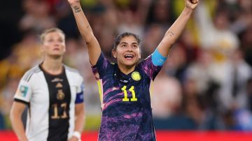SYDNEY, AUSTRALIA - JULY 30: Catalina Usme of Colombia celebrates victory after the FIFA Women's World Cup Australia & New Zealand 2023 Group H match between Germany and Colombia at Sydney Football Stadium on July 30, 2023 in Sydney, Australia. (Photo by Cameron Spencer/Getty Images)