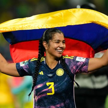 Daniela Alexandra Arias Rojas of Colombia and America de Cali celebrates victory after the FIFA Women's World Cup Australia & New Zealand 2023 Round of 16 match between Colombia and Jamaica at Melbourne Rectangular Stadium on August 8, 2023 in Melbourne, Australia. (Photo by Jose Breton/Pics Action/NurPhoto via Getty Images)