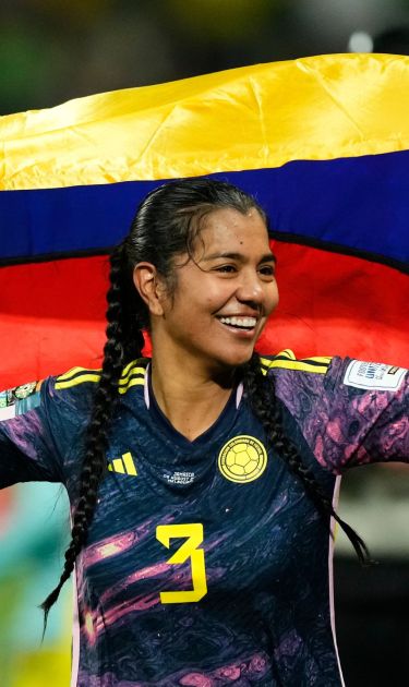 Daniela Alexandra Arias Rojas of Colombia and America de Cali celebrates victory after the FIFA Women's World Cup Australia & New Zealand 2023 Round of 16 match between Colombia and Jamaica at Melbourne Rectangular Stadium on August 8, 2023 in Melbourne, Australia. (Photo by Jose Breton/Pics Action/NurPhoto via Getty Images)