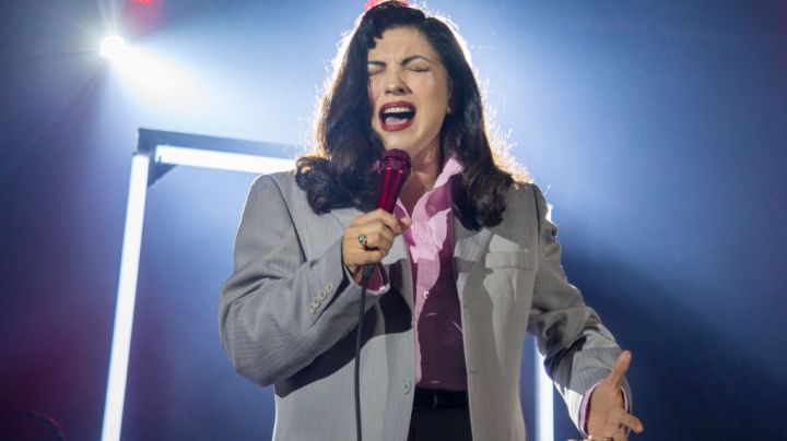 Mon Laferte singing at concert In Barcelona.