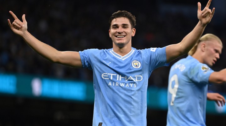 MANCHESTER, ENGLAND - AUGUST 19: Julian Alvarez of Manchester City celebrates the first goal during the Premier League match between Manchester City and Newcastle United at Etihad Stadium on August 19, 2023 in Manchester, United Kingdom. (Photo by Neal Simpson/Sportsphoto/Allstar via Getty Images)