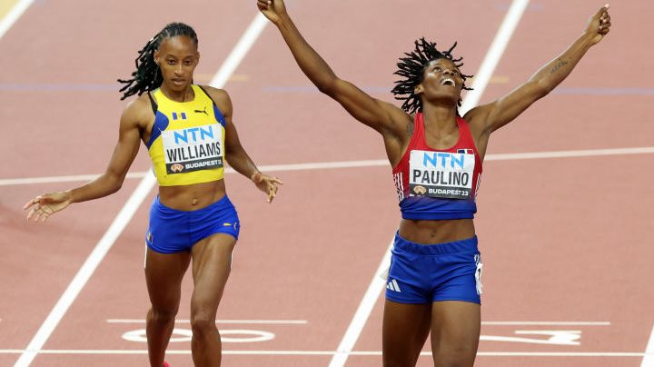 BUDAPEST, HUNGARY - AUGUST 23: Marileidy Paulino of Team Dominican Republic celebrates winning the Women's 400m Final during day five of the World Athletics Championships Budapest 2023 at National Athletics Centre on August 23, 2023 in Budapest, Hungary. (Photo by Stephen Pond/Getty Images for World Athletics)