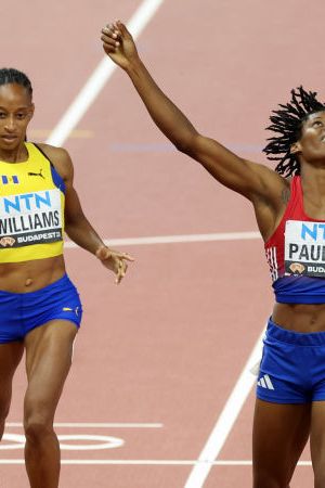 BUDAPEST, HUNGARY - AUGUST 23: Marileidy Paulino of Team Dominican Republic celebrates winning the Women's 400m Final during day five of the World Athletics Championships Budapest 2023 at National Athletics Centre on August 23, 2023 in Budapest, Hungary. (Photo by Stephen Pond/Getty Images for World Athletics)