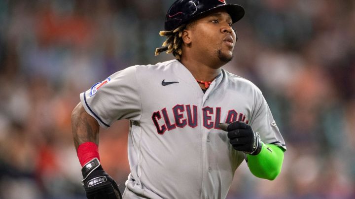 HOUSTON, TX - AUGUST 01: Jose Ramirez #11 of the Cleveland Guardians runs to first base during the game between the Cleveland Guardians and the Houston Astros at Minute Maid Park on Tuesday, August 1, 2023 in Houston, Texas. (Photo by Michael Starghill/MLB Photos via Getty Images)