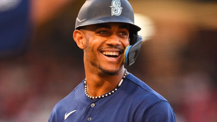 ANAHEIM, CA - AUGUST 04: Seattle Mariners center fielder Julio Rodriguez (44) looks on during the MLB game between the Seattle Mariners and the Los Angeles Angels of Anaheim on August 4, 2023 at Angel Stadium of Anaheim in Anaheim, CA. (Photo by Brian Rothmuller/Icon Sportswire via Getty Images)