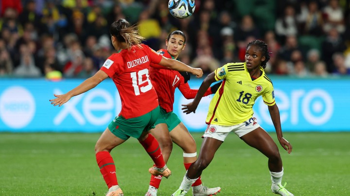 PERTH, AUSTRALIA - AUGUST 03: Linda Caicedo of Colombia competes for the ball against Hanane Ait El Haj and Sakina Ouzraoui of Morocco during the FIFA Women's World Cup Australia & New Zealand 2023 Group H match between Morocco and Colombia at Perth Rectangular Stadium on August 03, 2023 in Perth, Australia. (Photo by Will Russell - FIFA/FIFA via Getty Images)
