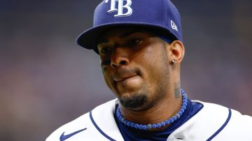 ST PETERSBURG, FLORIDA - AUGUST 12: Wander Franco #5 of the Tampa Bay Rays looks on during the fifth inning against the Cleveland Guardians at Tropicana Field on August 12, 2023 in St Petersburg, Florida. (Photo by Douglas P. DeFelice/Getty Images)
