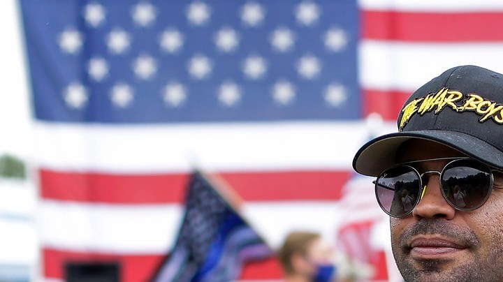PORTLAND, OR - SEPTEMBER 26: Proud Boys chairman Enrique Tarrio (C) poses for a portrait at Delta Park during a rally on September 26, 2020 in Portland, Oregon. Hundreds of right-leaning activists attended Saturday's event. (Photo by Joshua Lott/The Washington Post via Getty Images)