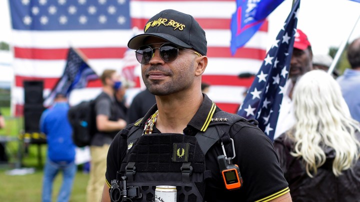 PORTLAND, OR - SEPTEMBER 26: Proud Boys chairman Enrique Tarrio (C) poses for a portrait at Delta Park during a rally on September 26, 2020 in Portland, Oregon. Hundreds of right-leaning activists attended Saturday's event. (Photo by Joshua Lott/The Washington Post via Getty Images)